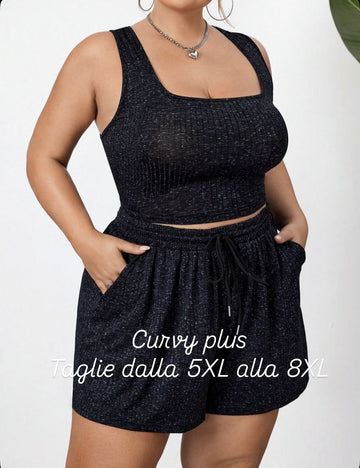 Set sportivo da donna taglie forti con tessuto a rete a nido d'ape colorata, composto da canotta e pantaloncini corti